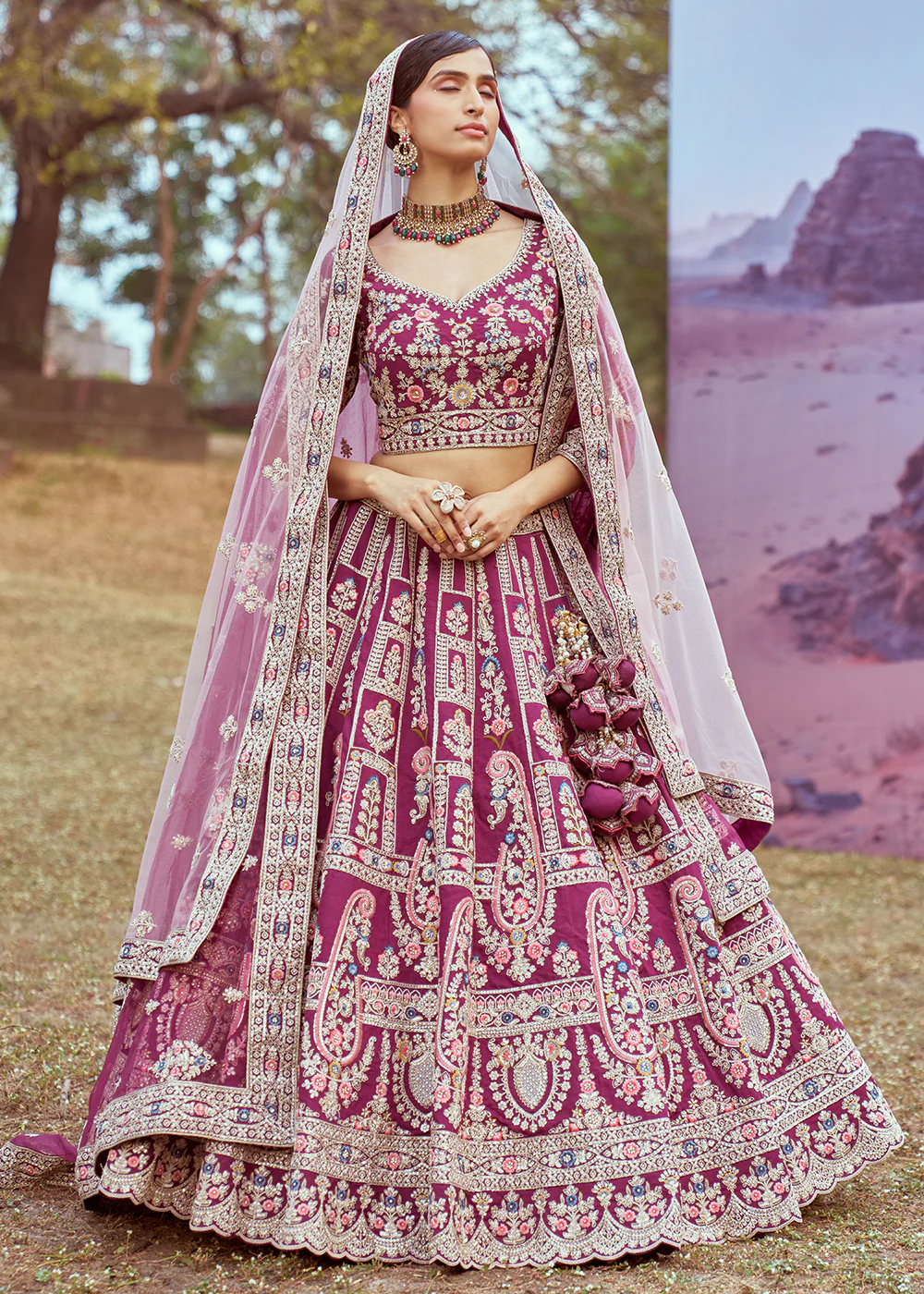 Purple Pure Silk Embroidered Wedding Wear Lehenga Choli - Image 4