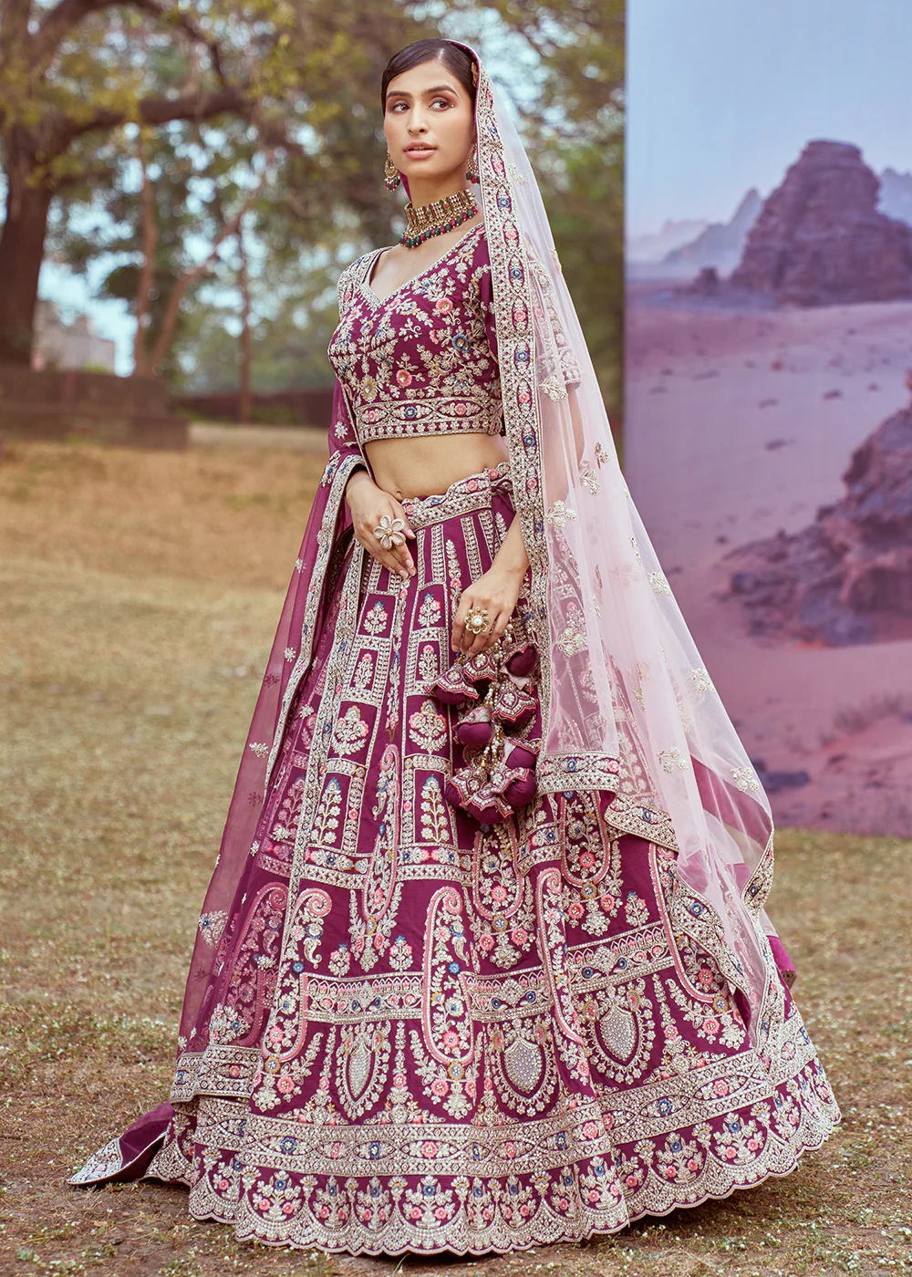 Purple Pure Silk Embroidered Wedding Wear Lehenga Choli - Image 5