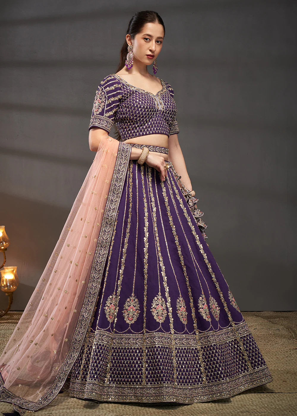 Purple Pure Silk Sabyasachi Style Bridal Lehenga Choli - Image 4
