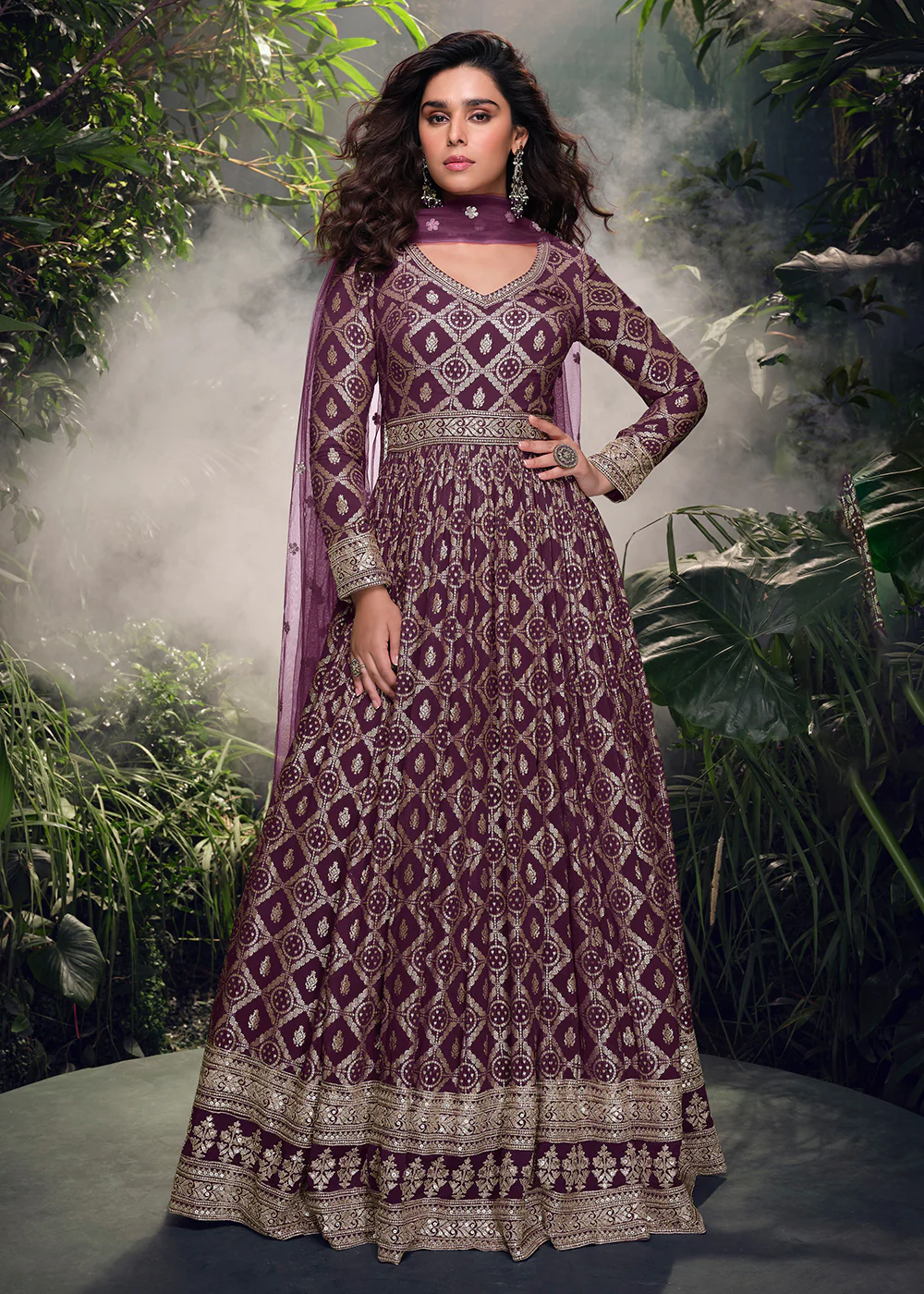 Purple Pure Viscose Jaquard Embroidered Silk Anarkali Gown
