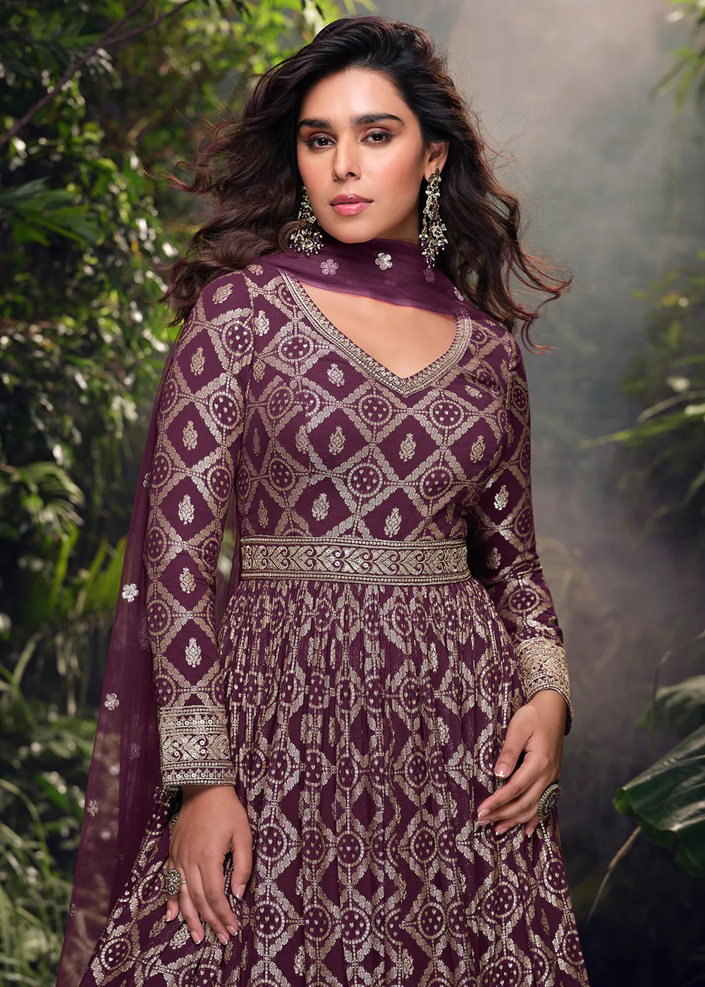 Purple Pure Viscose Jaquard Embroidered Silk Anarkali Gown - Image 2