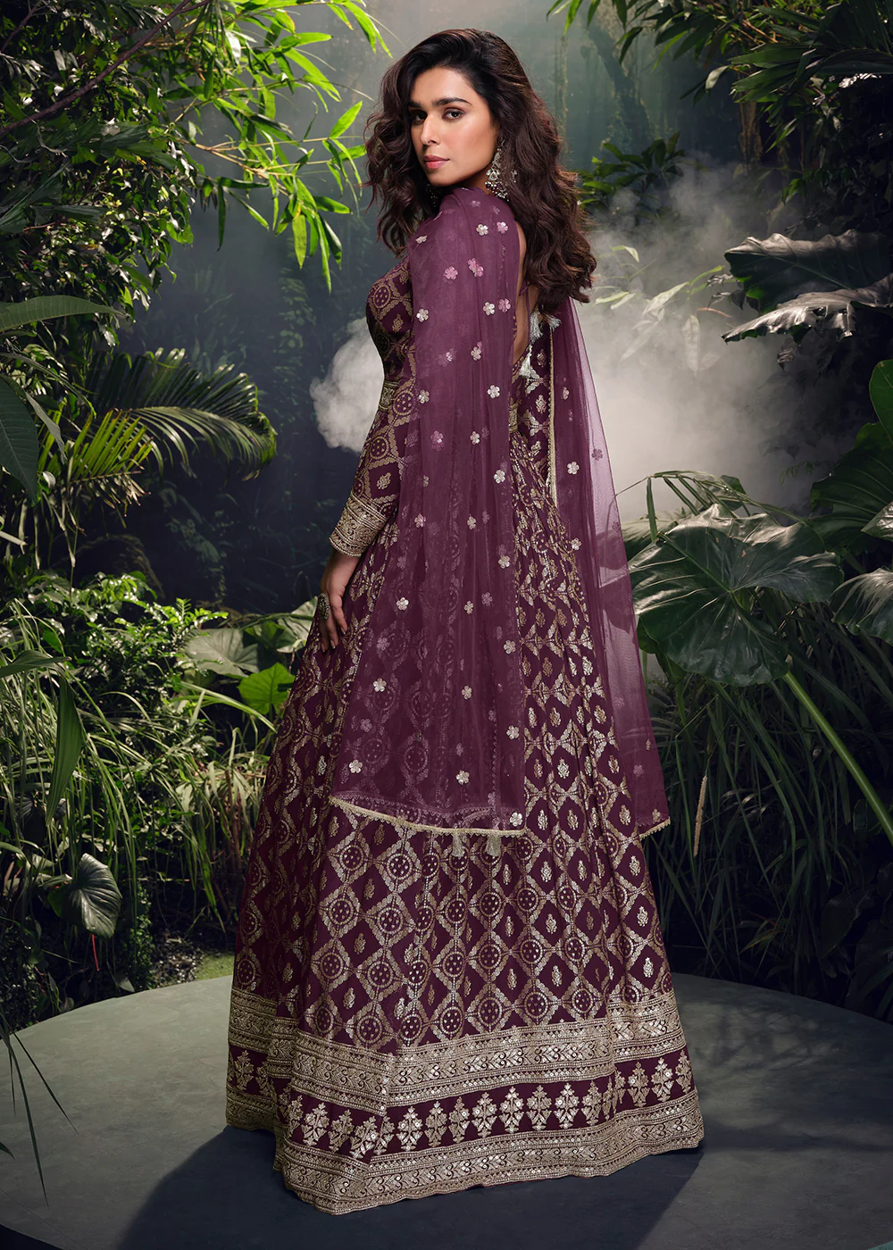 Purple Pure Viscose Jaquard Embroidered Silk Anarkali Gown - Image 3