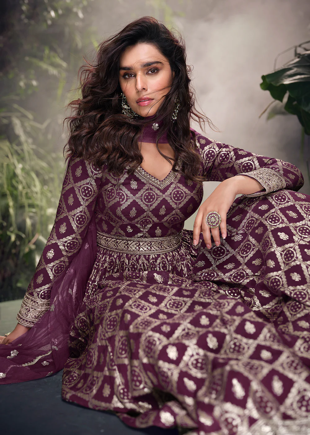 Purple Pure Viscose Jaquard Embroidered Silk Anarkali Gown - Image 4
