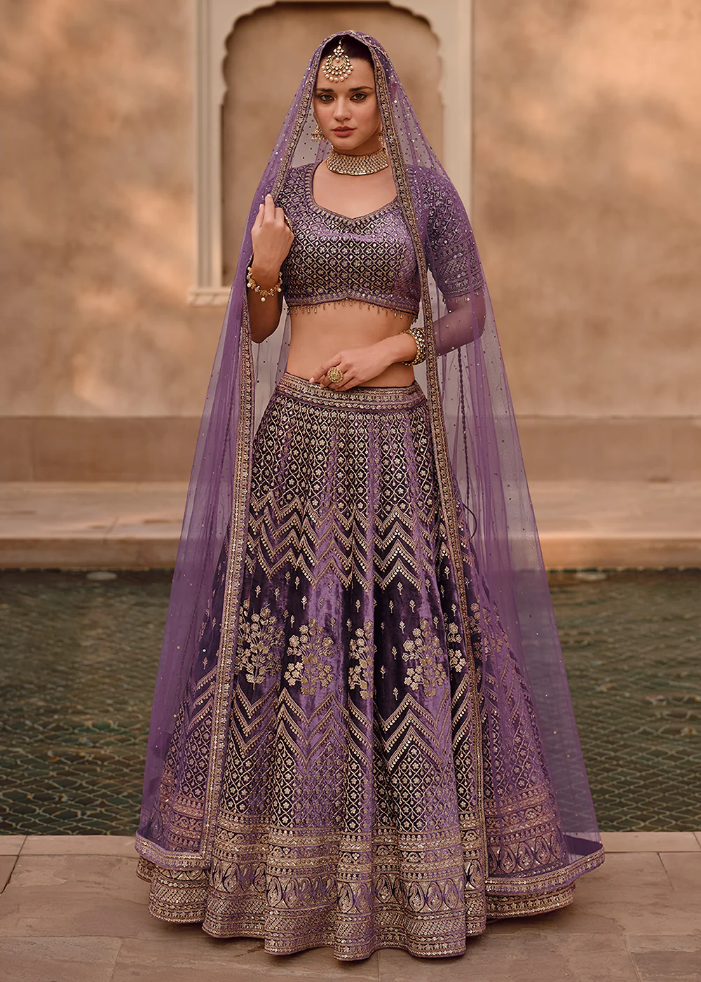Purple Pure Viscose Lycra Silk Embroidered Bridal Lehenga Choli - Image 4