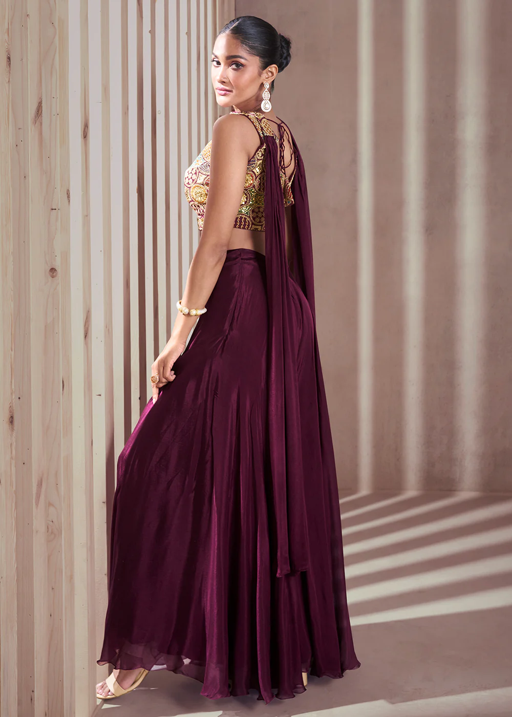 Purple Real Chinnon Indo Western Palazzo Suit - Image 3