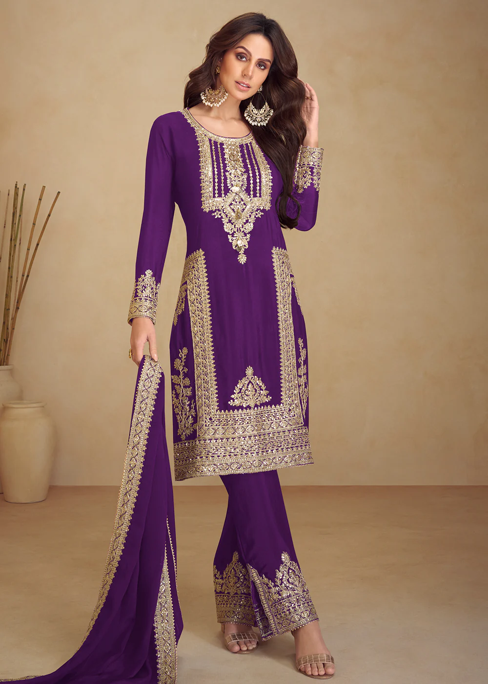 Purple Real Chinnon Silk Pant Style Festive Dress