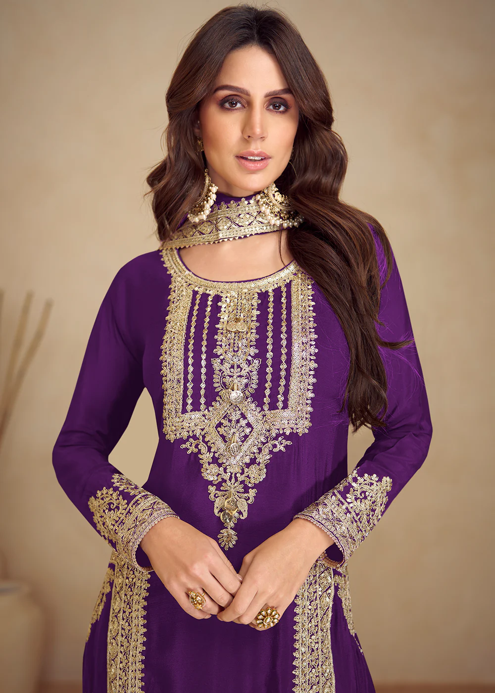 Purple Real Chinnon Silk Pant Style Festive Dress - Image 2