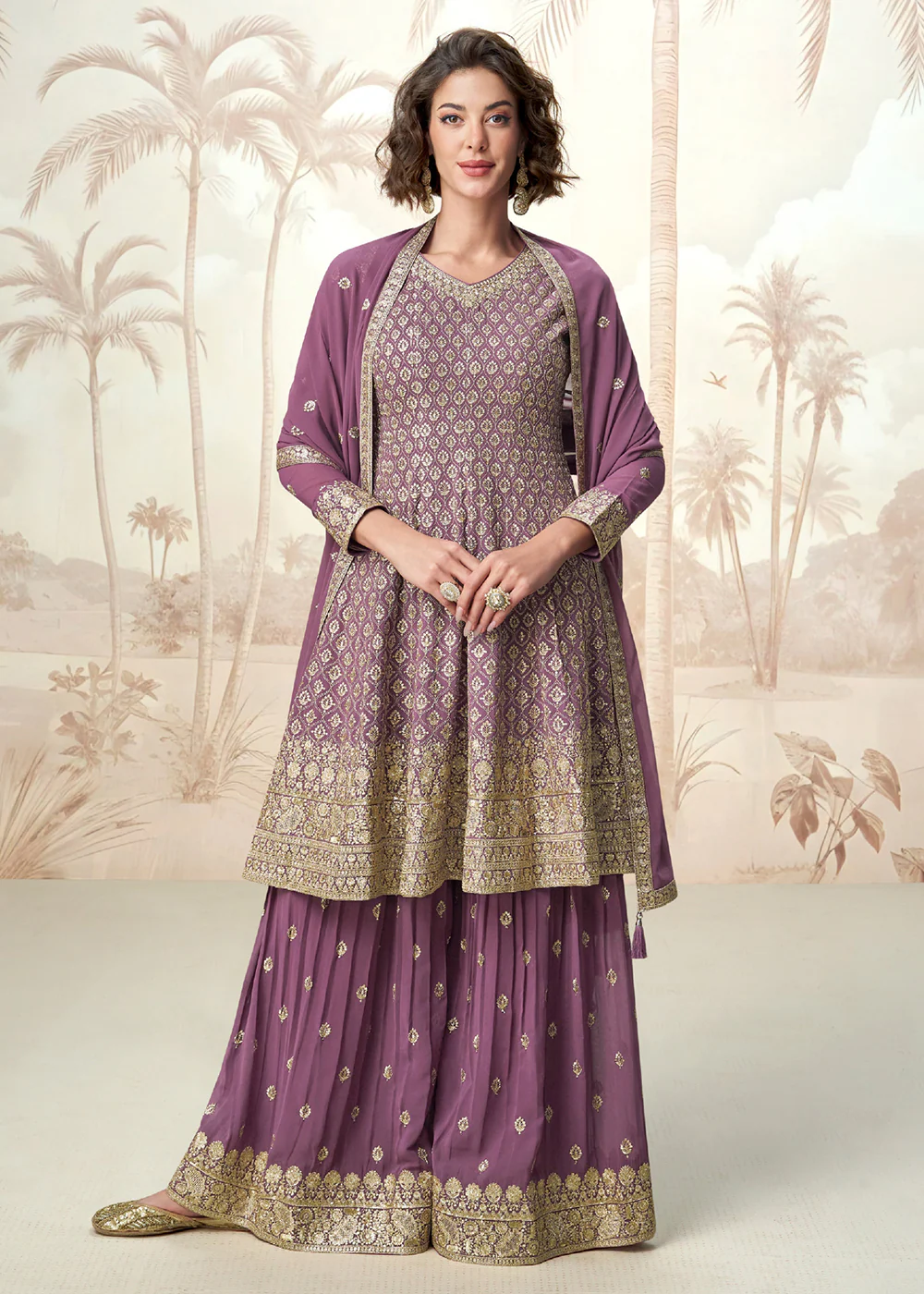 Purple Real Georgettte Wedding Festive Style Palazzo Suit