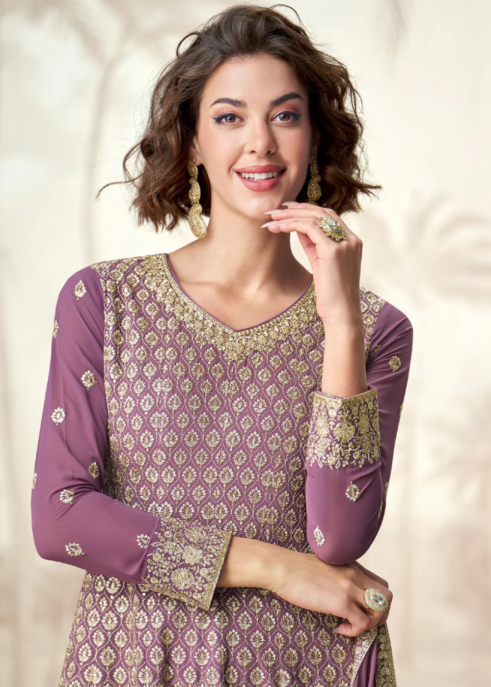 Purple Real Georgettte Wedding Festive Style Palazzo Suit - Image 2