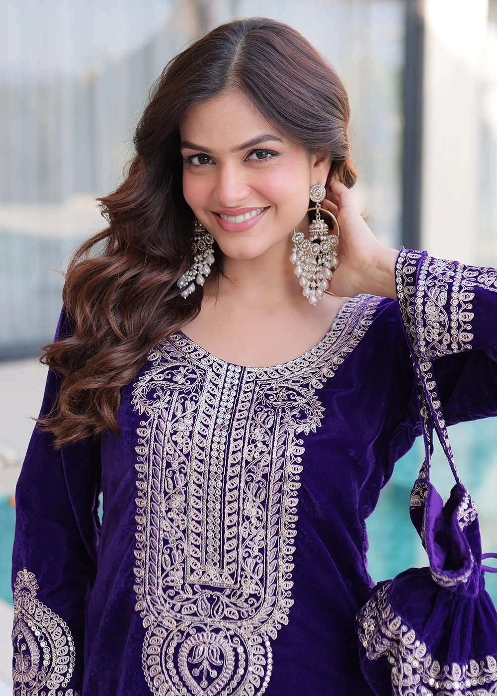 Purple Rich Zari Cording Embroidery Festive Salwar Suit - Image 2