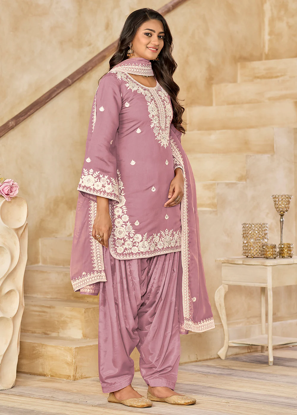Purple Roman Silk Embroidered Punjabi Patiala Suit - Image 3