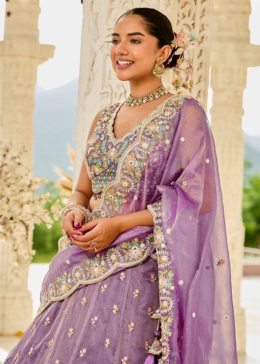 Purple Satin Silk Cording & Sequins Wedding Lehenga Choli - Image 6