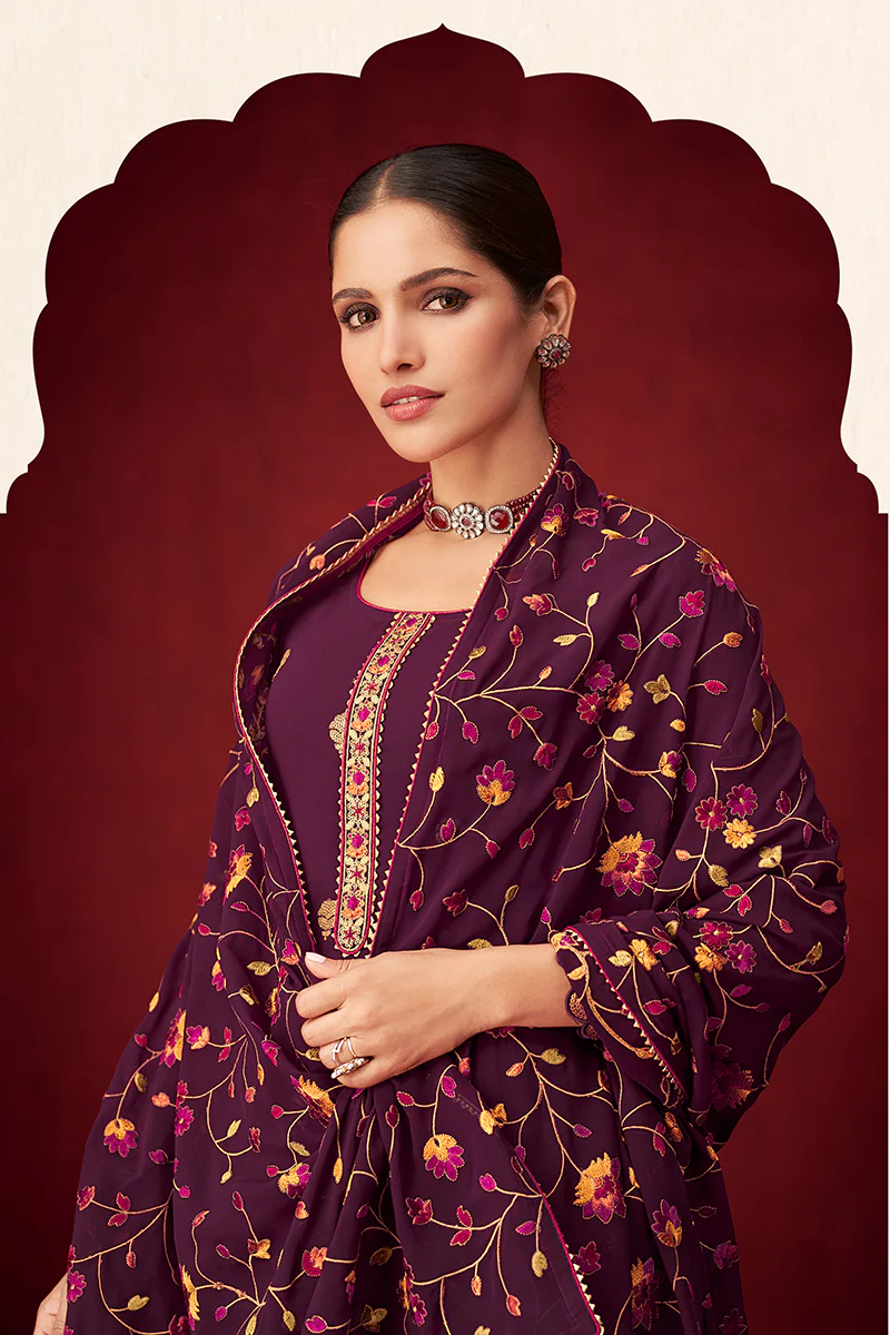 Purple Sequins & Thread Embroidered Georgette Salwar Suit - Image 2