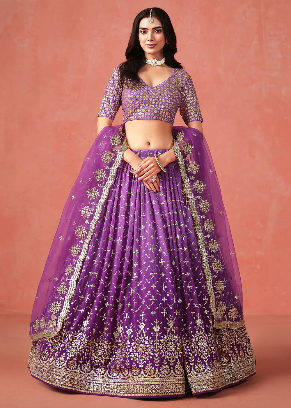Purple Sequins & Zari Embroidered Wedding Lehenga Choli