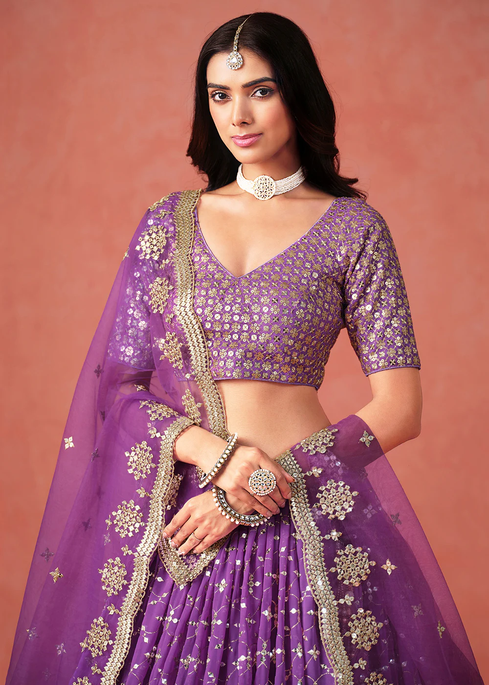 Purple Sequins & Zari Embroidered Wedding Lehenga Choli - Image 2