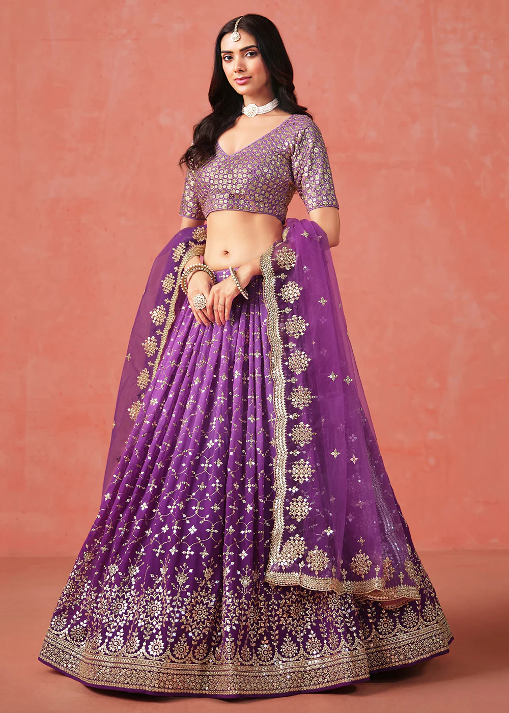 Purple Sequins & Zari Embroidered Wedding Lehenga Choli - Image 5