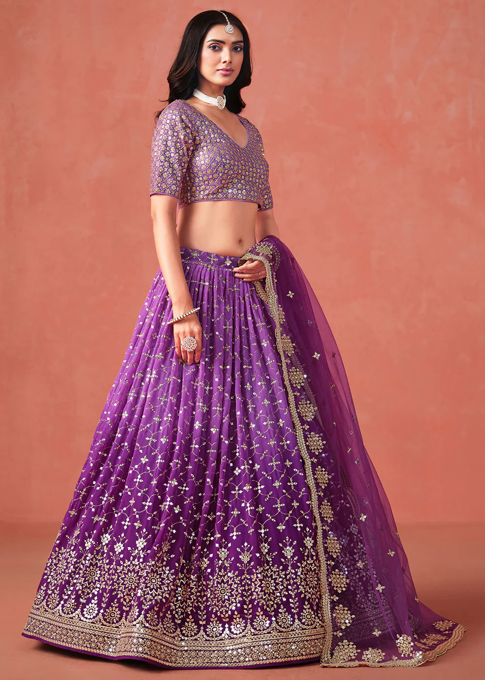 Purple Sequins & Zari Embroidered Wedding Lehenga Choli - Image 6