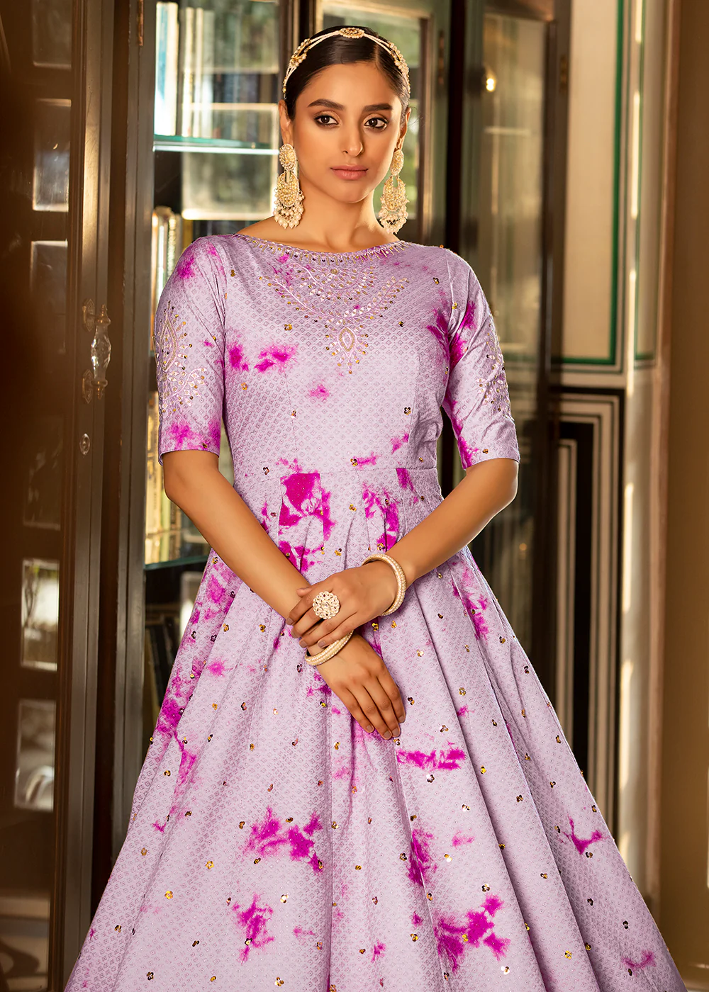 Purple Shibori Print Embroidered Floor Length Cotton Gown - Image 3