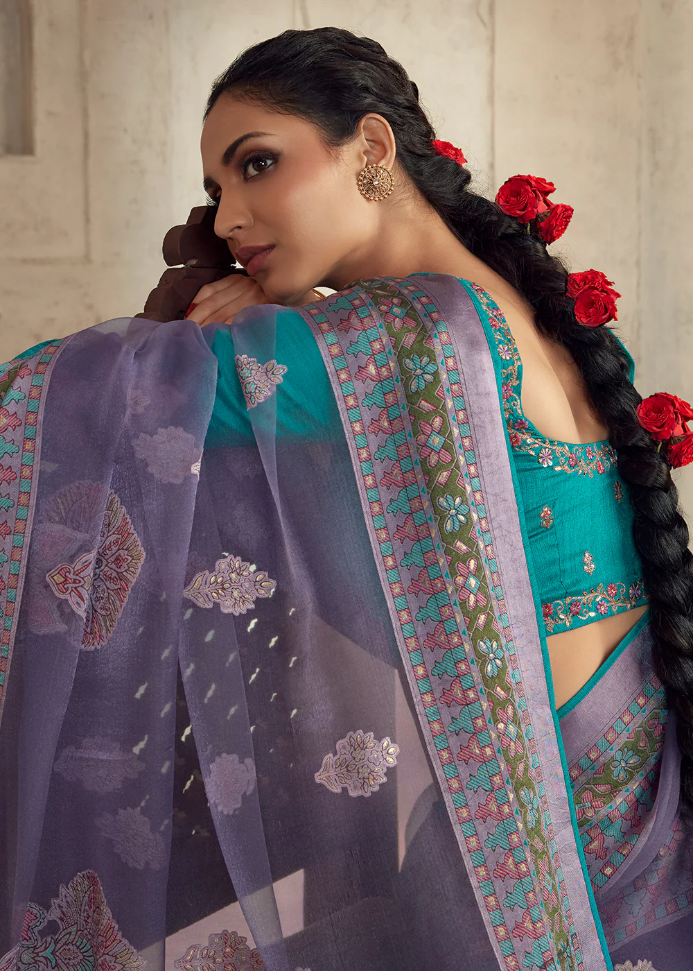Purple Soft Organza Brasso Embroidered Wedding Festive Saree - Image 2