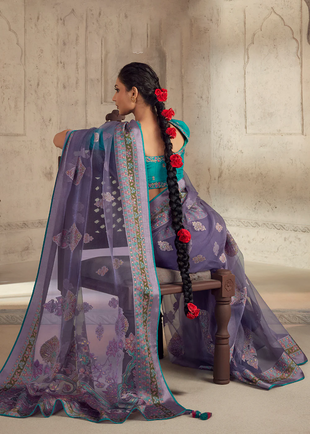 Purple Soft Organza Brasso Embroidered Wedding Festive Saree - Image 3