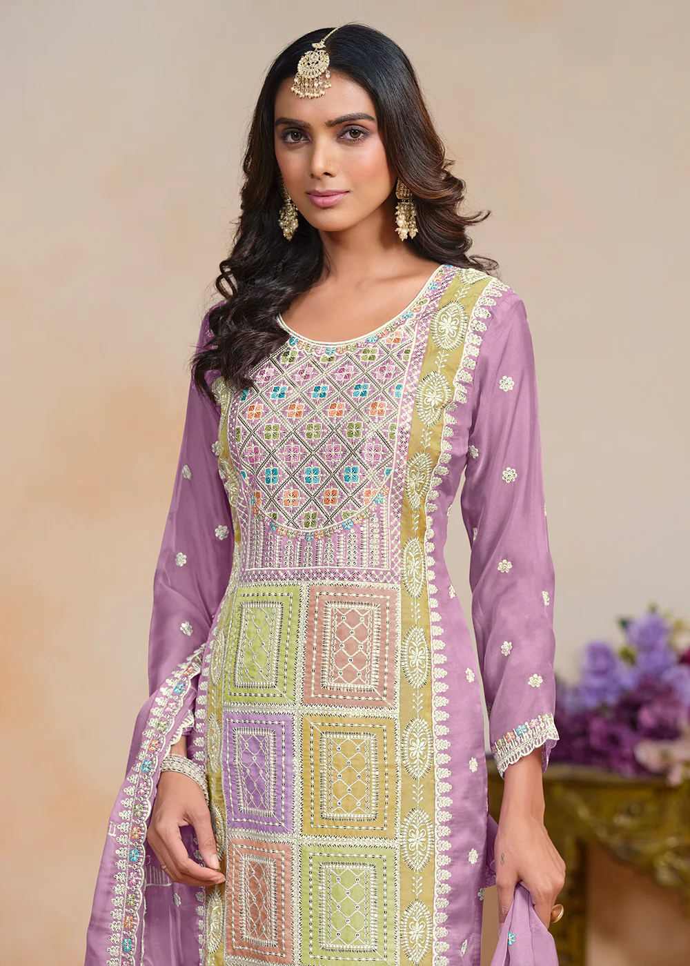 Purple Soft Organza Embroidered Festive Pant Style Suit - Image 2