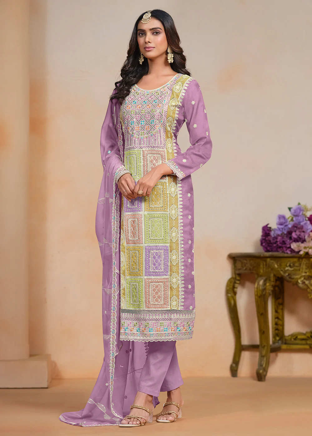 Purple Soft Organza Embroidered Festive Pant Style Suit - Image 3