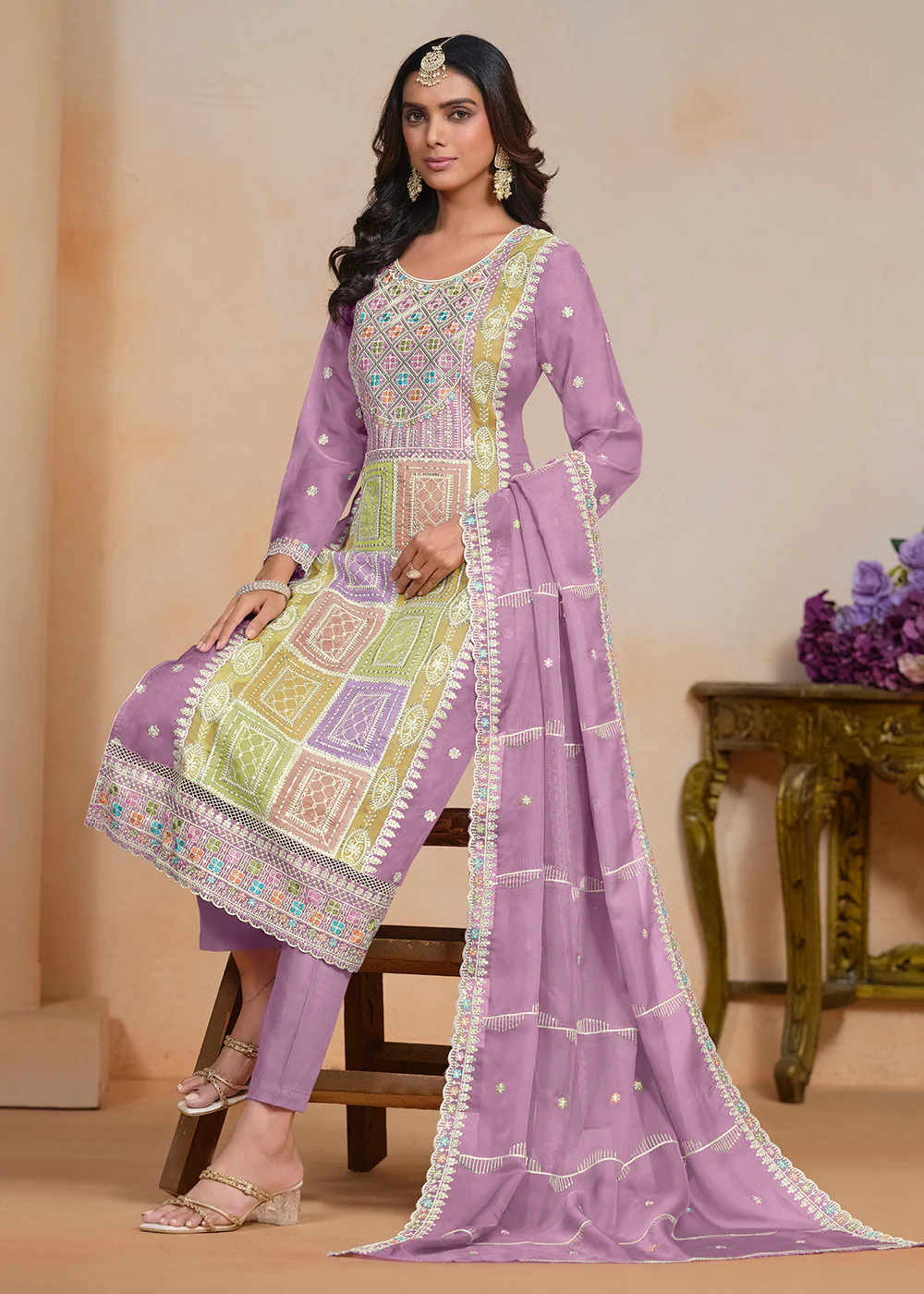 Purple Soft Organza Embroidered Festive Pant Style Suit - Image 4