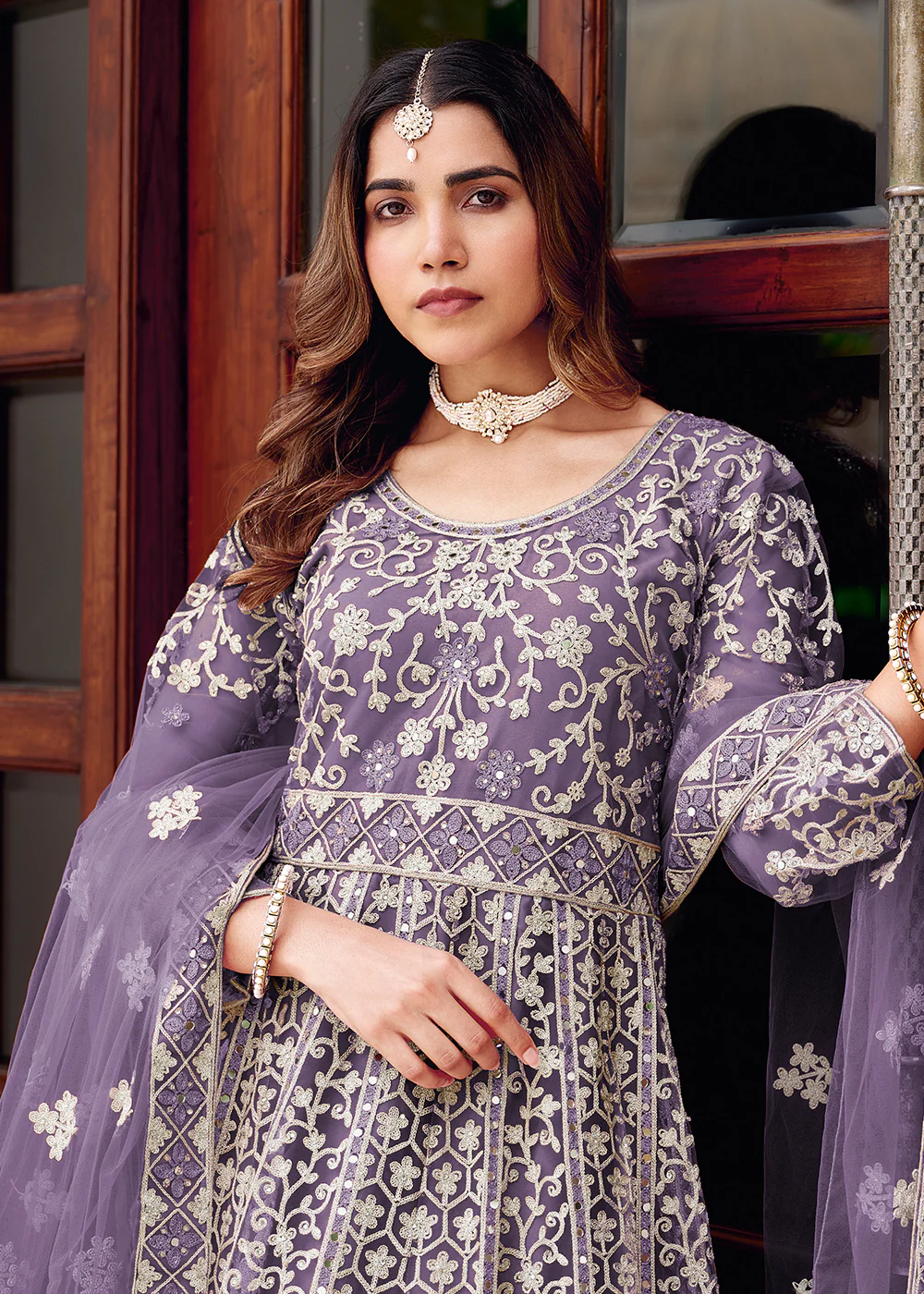 Purple Stone & Mirror Work Wedding Anarkali Suit - Image 2