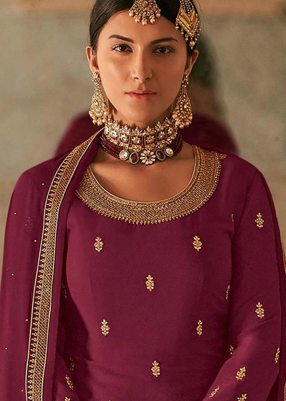 Purple Stone Work Embroidered Georgette Sharara Suit - Image 2