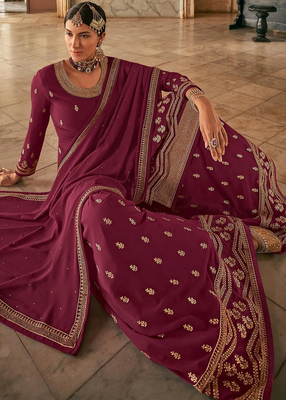 Purple Stone Work Embroidered Georgette Sharara Suit - Image 3