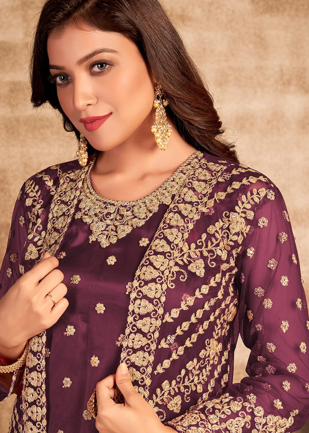 Purple Stone Work Festival Jacket Style Suit - Image 2