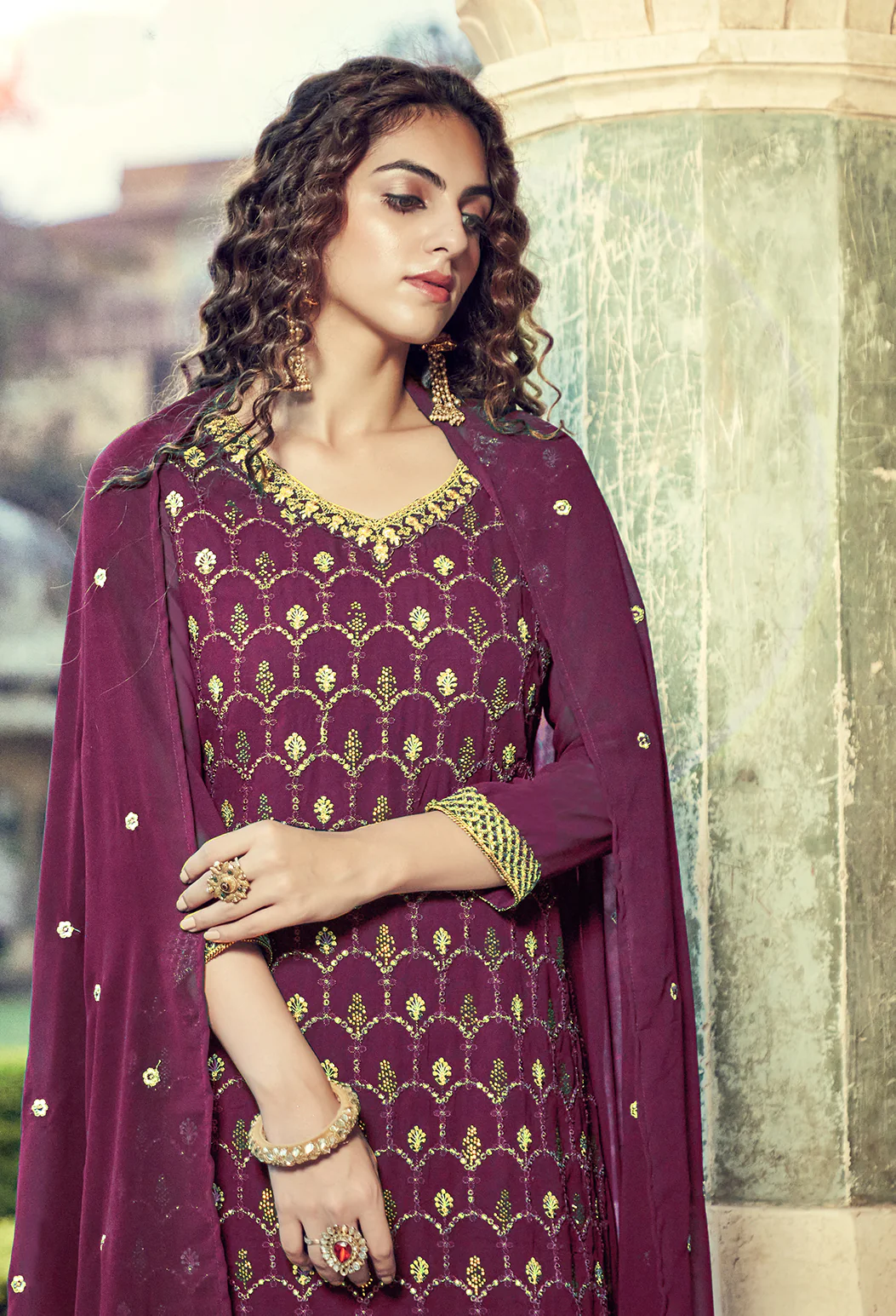 Purple Swarovski Embroidered Georgette Palazzo Suit - Image 2