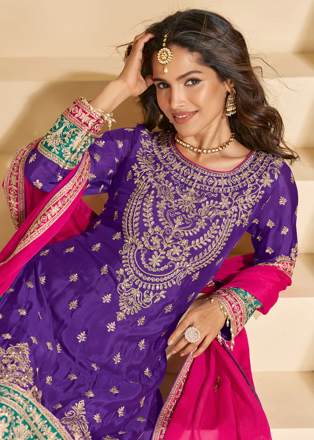 Purple & Teal Chinnon Silk Palazzo Style Suit - Image 3
