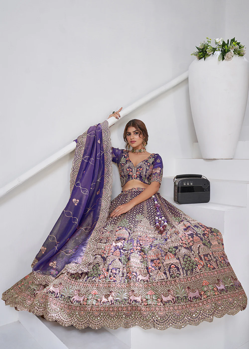 Purple Temple & Cow Motifs Bridal Lehenga Choli - Image 4