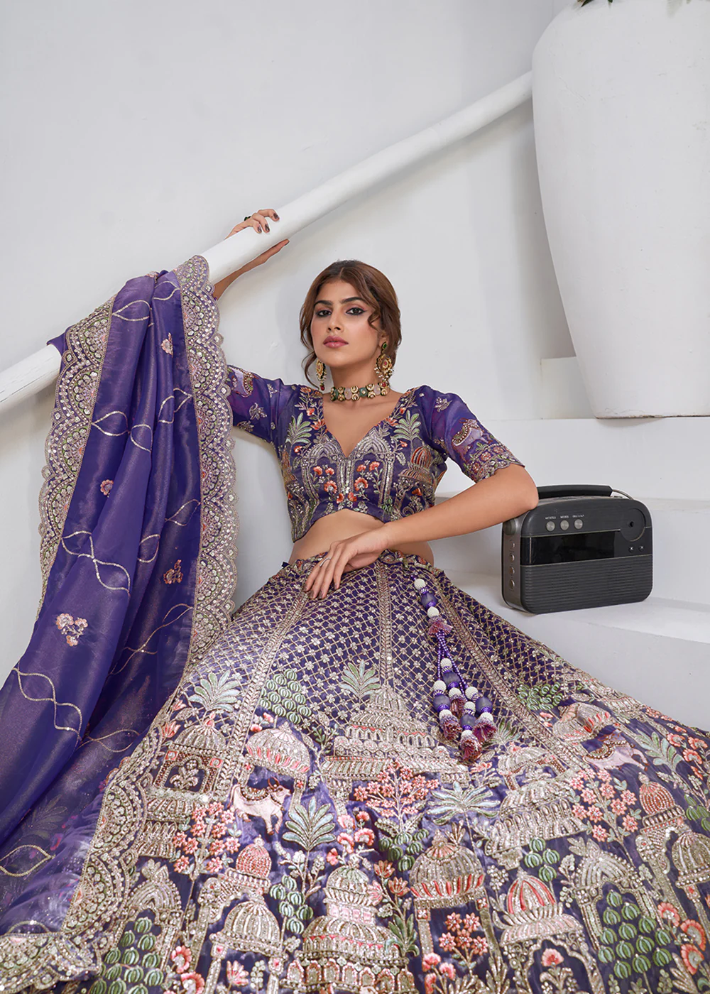 Purple Temple & Cow Motifs Bridal Lehenga Choli - Image 6