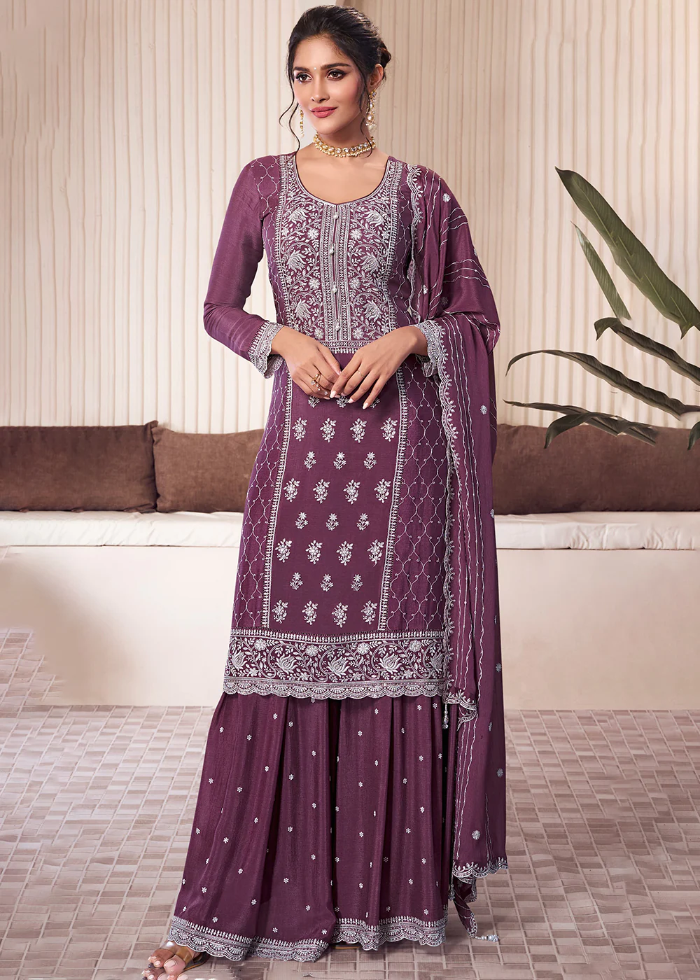 Purple Thread Embroidered Chinnon Sharara Style Suit