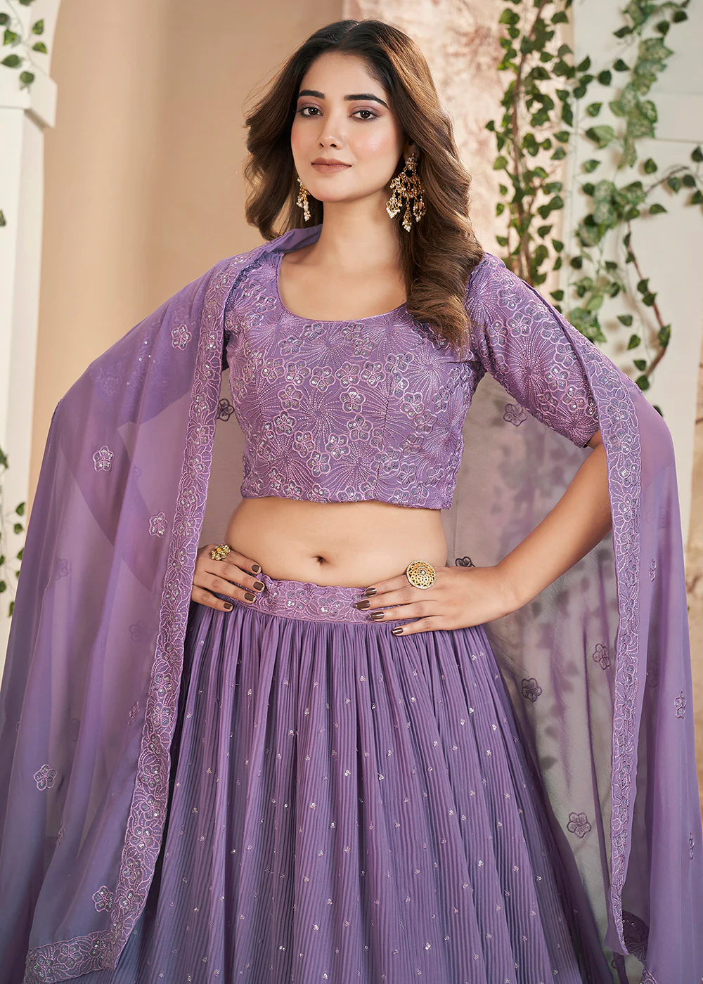Purple Thread & Sequins Wedding Party Lehenga Choli - Image 2