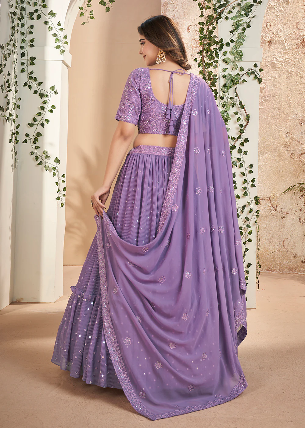 Purple Thread & Sequins Wedding Party Lehenga Choli - Image 3