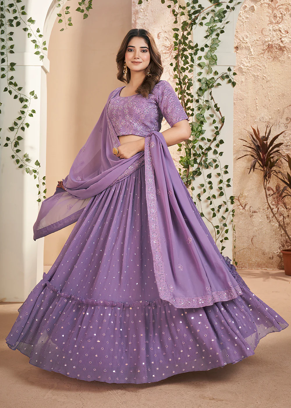 Purple Thread & Sequins Wedding Party Lehenga Choli - Image 4