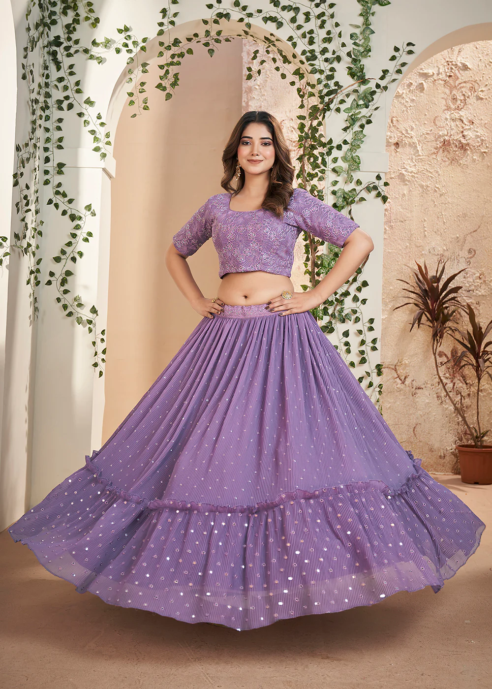 Purple Thread & Sequins Wedding Party Lehenga Choli - Image 5