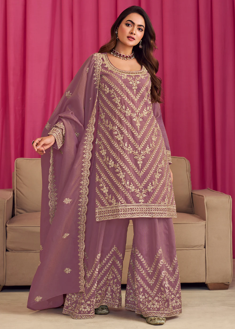 Purple Threads & Diamond Work Festive Palazzo Suit