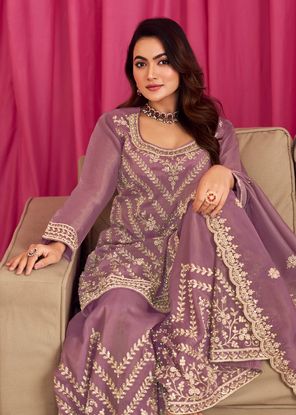 Purple Threads & Diamond Work Festive Palazzo Suit - Image 2