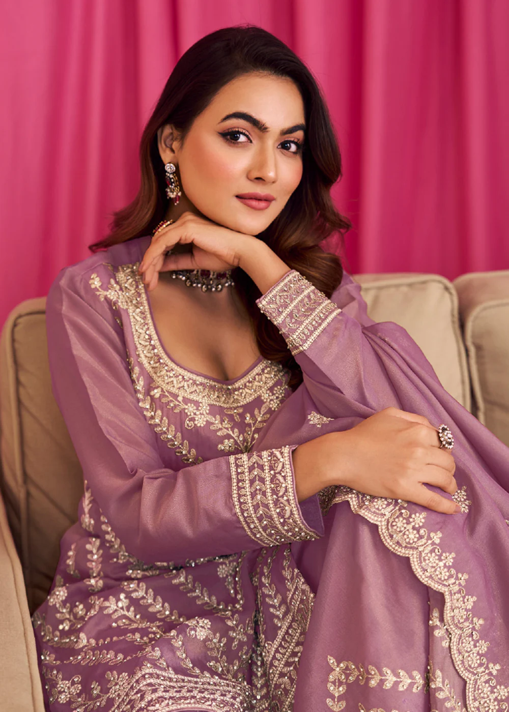 Purple Threads & Diamond Work Festive Palazzo Suit - Image 3