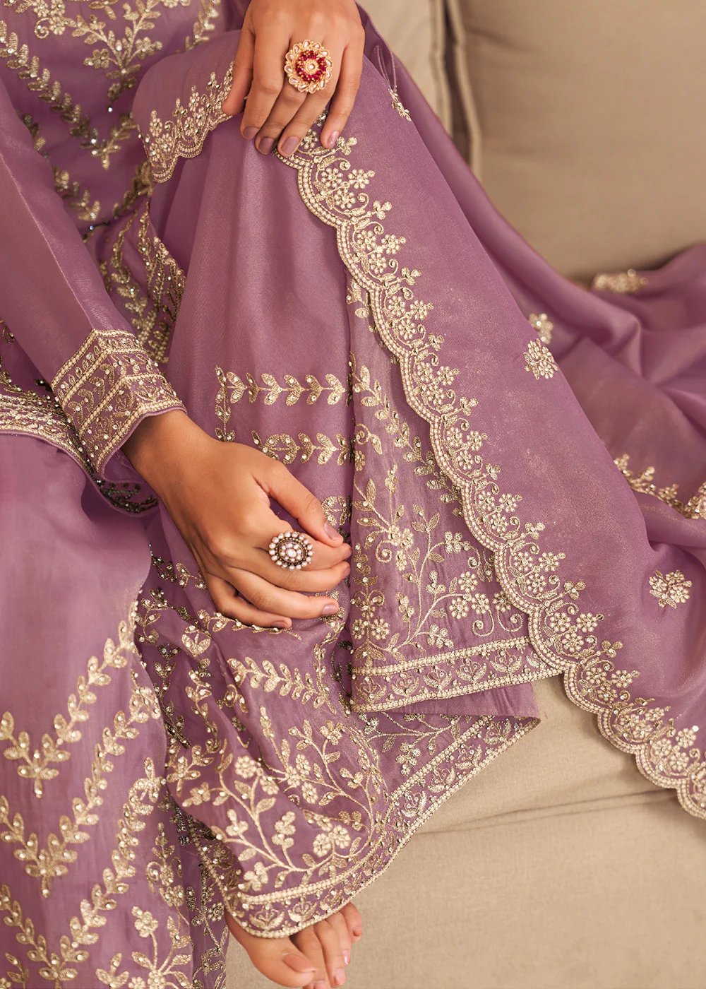 Purple Threads & Diamond Work Festive Palazzo Suit - Image 4