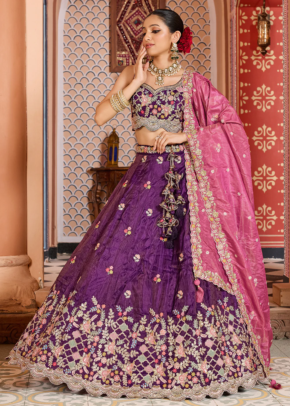 Purple Tissue Embroidered Lehenga Choli with Pink Dupatta - Image 4