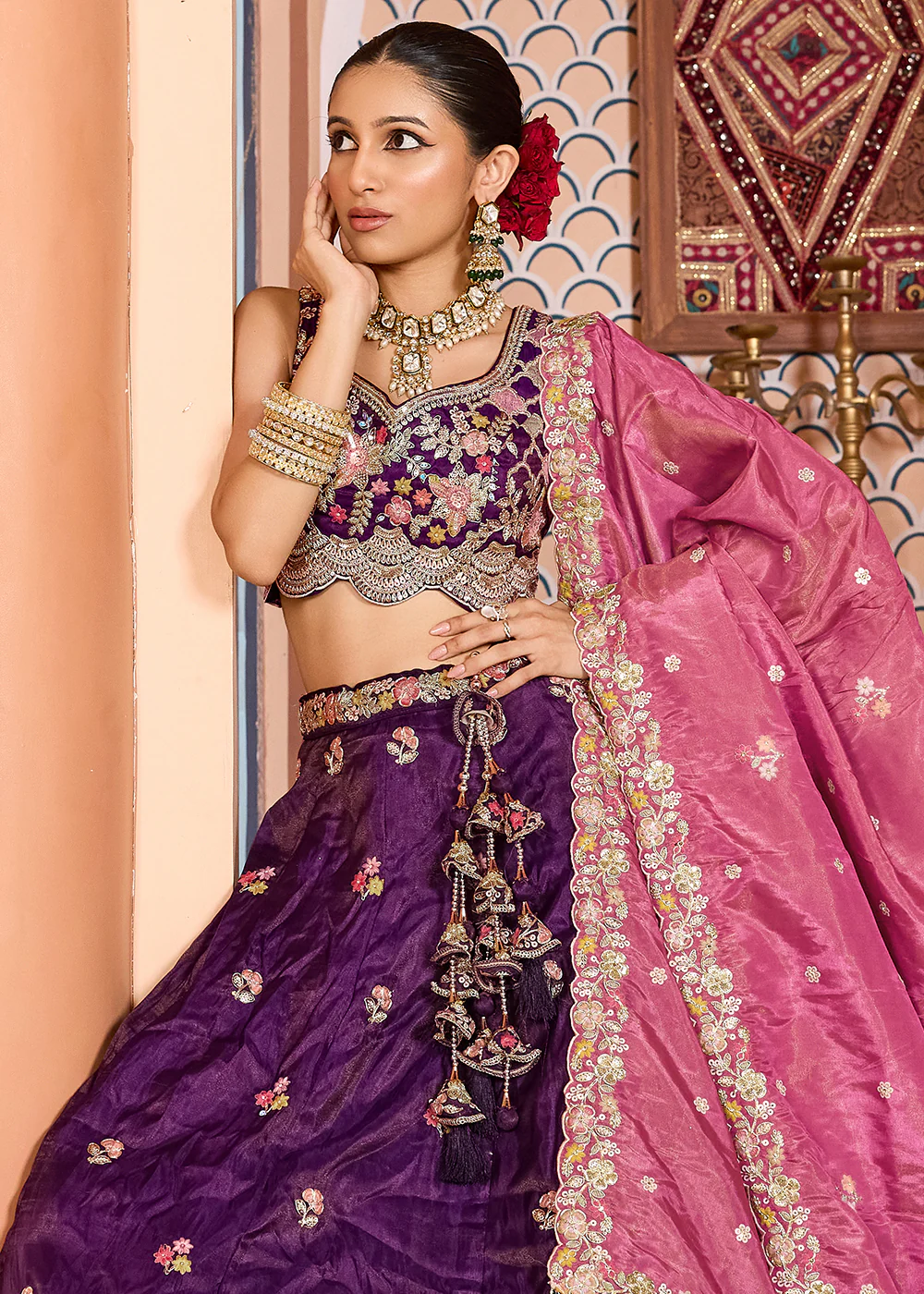 Purple Tissue Embroidered Lehenga Choli with Pink Dupatta - Image 5