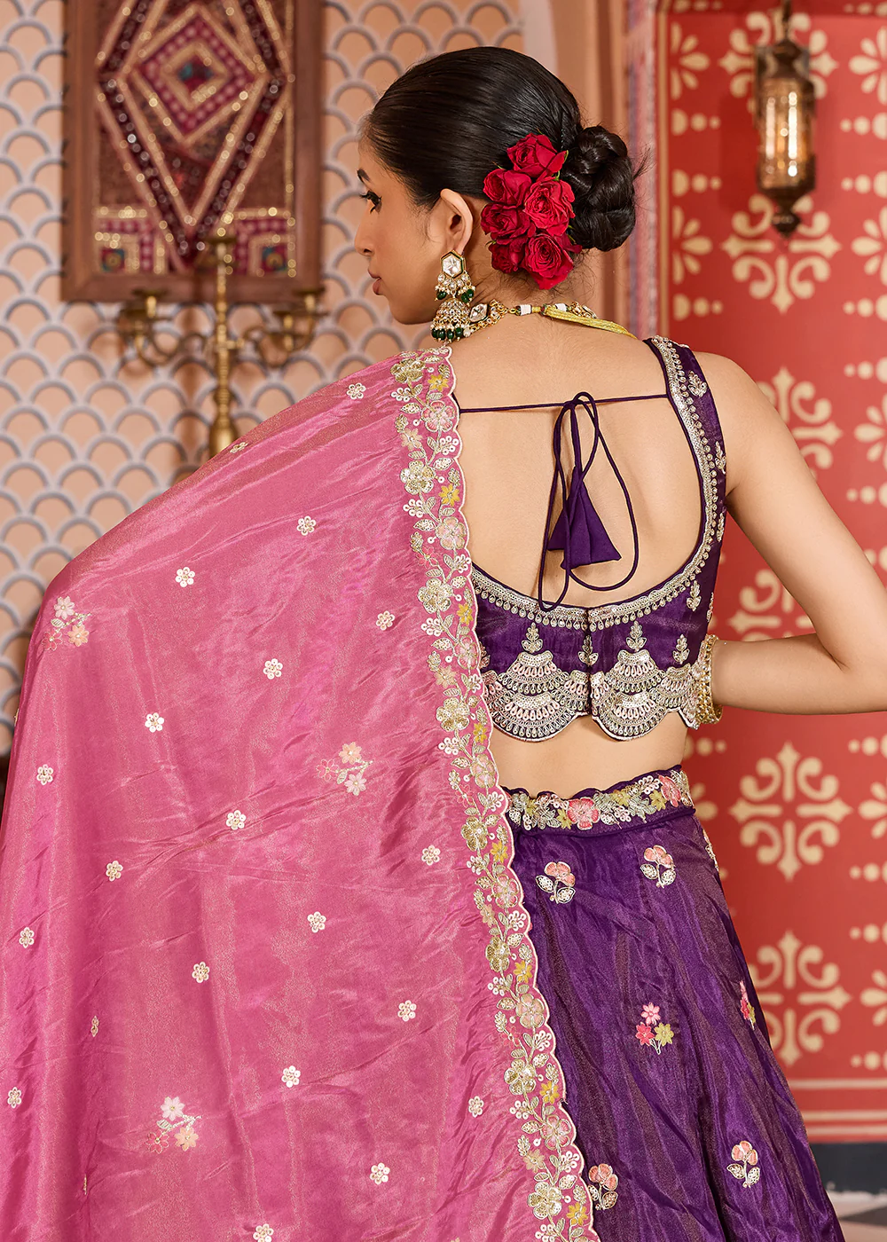 Purple Tissue Embroidered Lehenga Choli with Pink Dupatta - Image 7