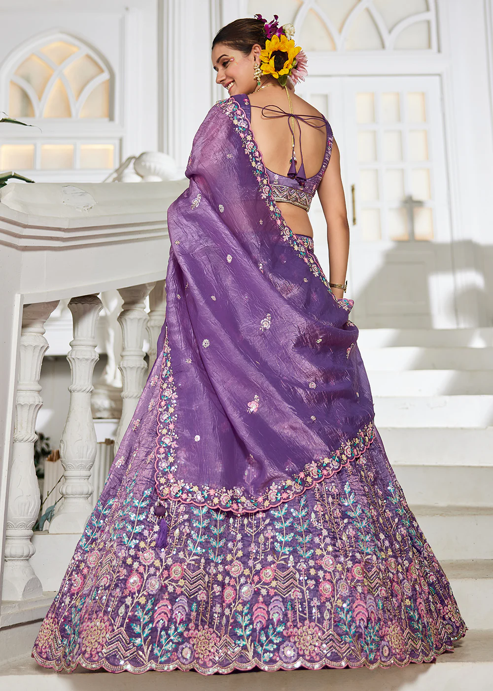Purple Tissue Fabric Embroidered Wedding Lehenga Choli - Image 3