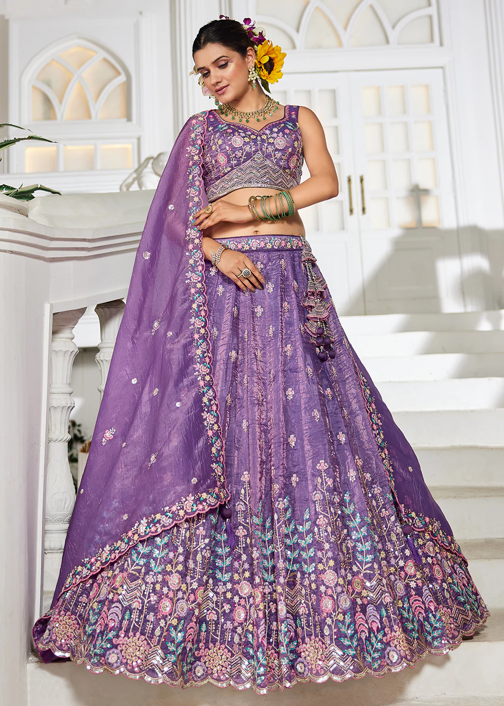 Purple Tissue Fabric Embroidered Wedding Lehenga Choli - Image 4
