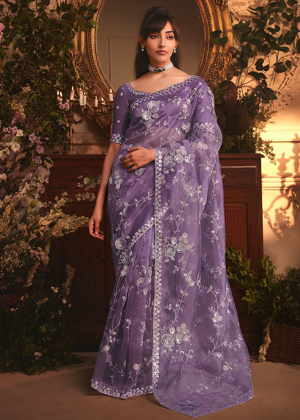Purple Tissue Organza Silk Embroidered Designer Saree